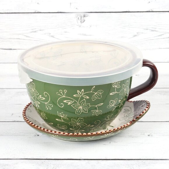 Temp-Tations Floral Lace Green 24 oz Soup Mug with Cover & Underplate - Picture 1 of 11